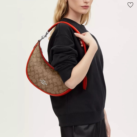 New❤️Coach Aria Shoulder Bag In Signature Canvas Red/Brown - Picture 3 of 5